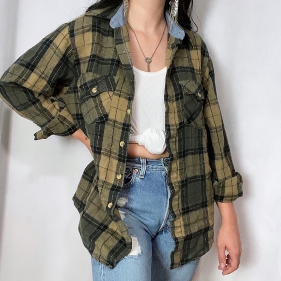 Vintage Tops - 1970s BROWN BLACK WATCH PLAID SEARS FLANNEL TOP